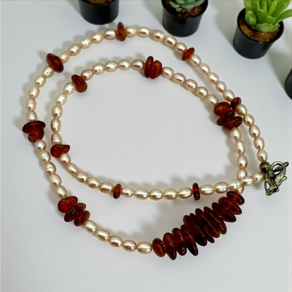 Genuine Amber & Freshwater Pearl Necklace – 18” - Picture 12 of 17